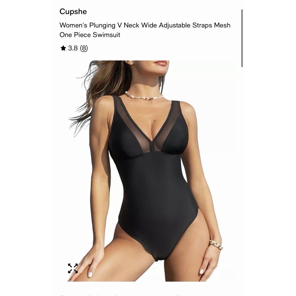 NEW Women’s Cupshe One Piece Black Swimsuit Medium V Neck Mesh Adjustable Straps